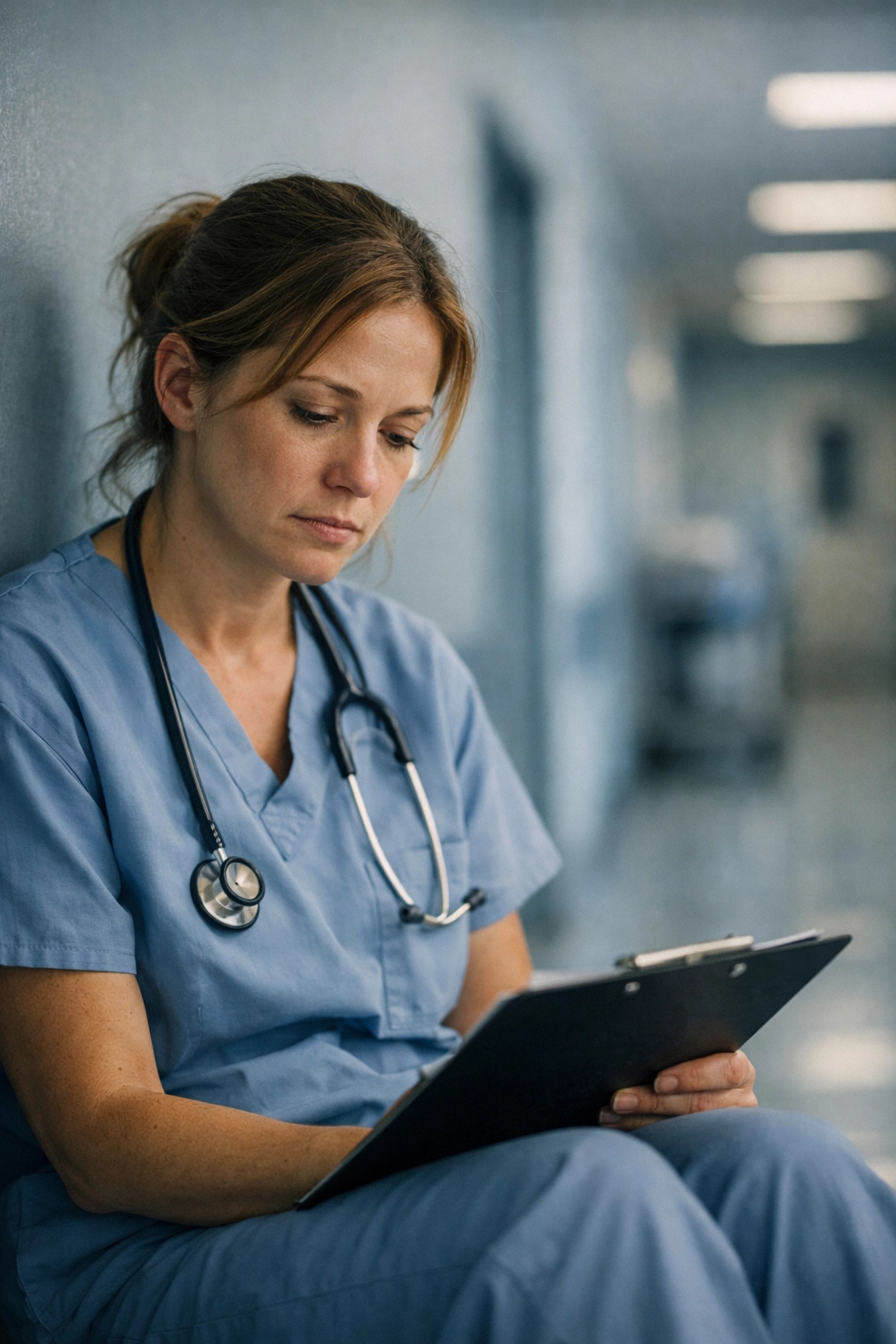 Exhausted caregiver sitting alone in hospital hallway feeling undervalued at large home health agency