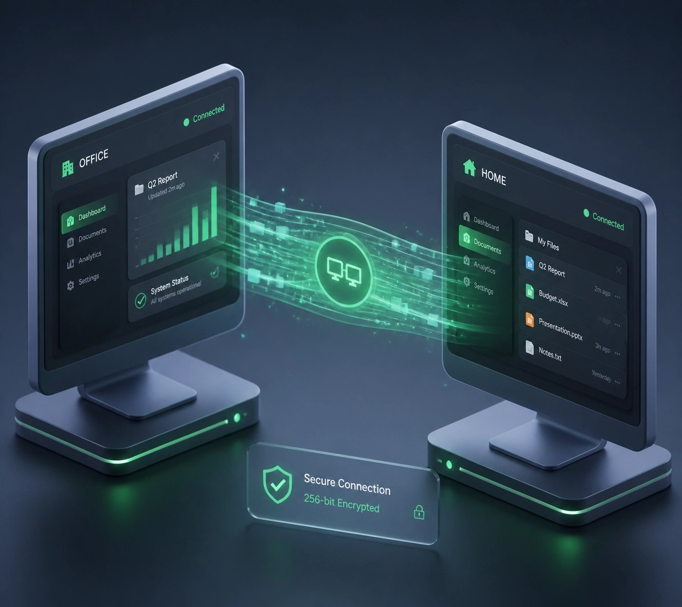 Secure remote IT support connection between monitors showing efficient technical assistance for businesses.