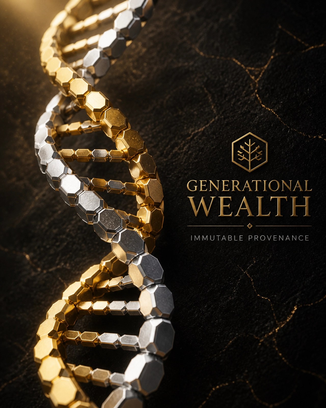 DNA strand made of gold and silver hexagons representing generational wealth