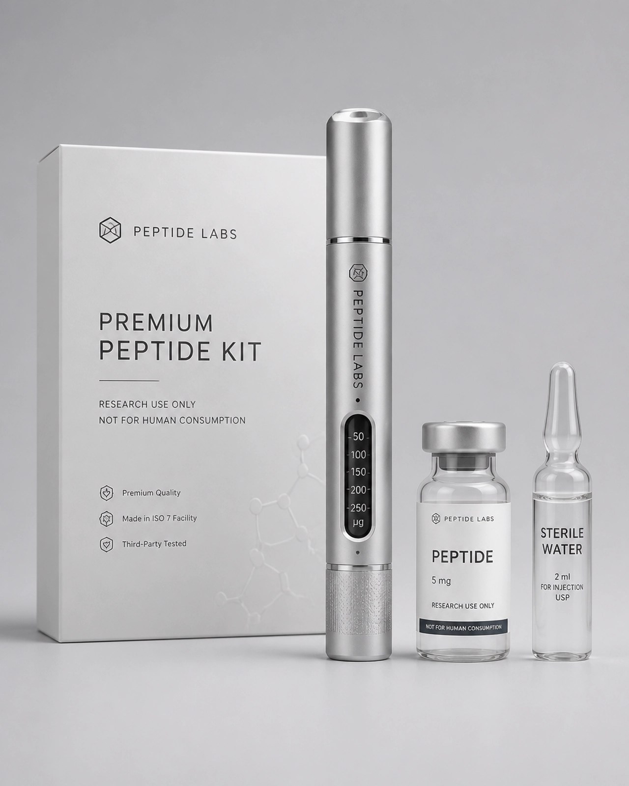 Minimalist product photography of a premium peptide kit with an injector pen and vial