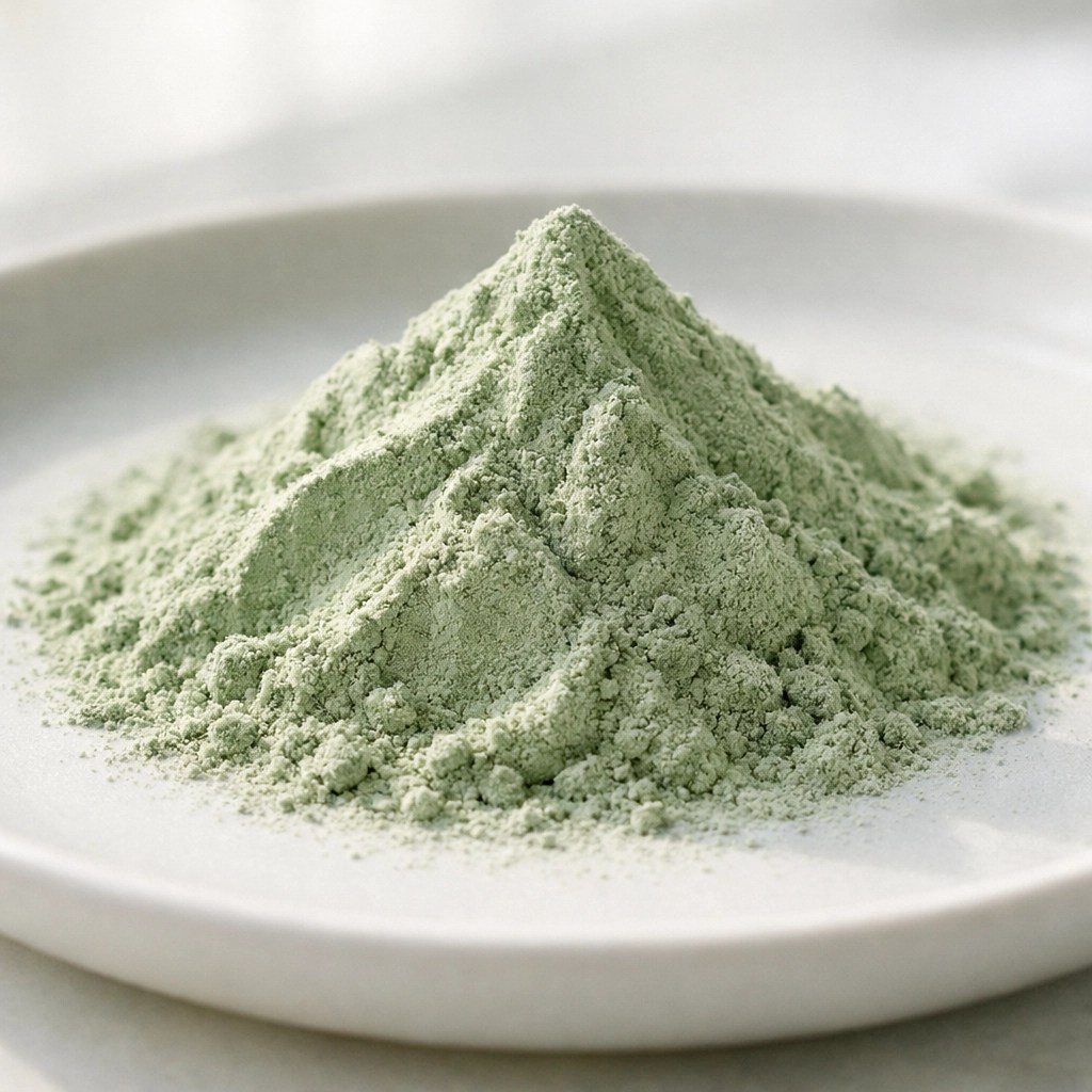Pure fine-milled food grade French green clay powder on a ceramic plate for natural healing.