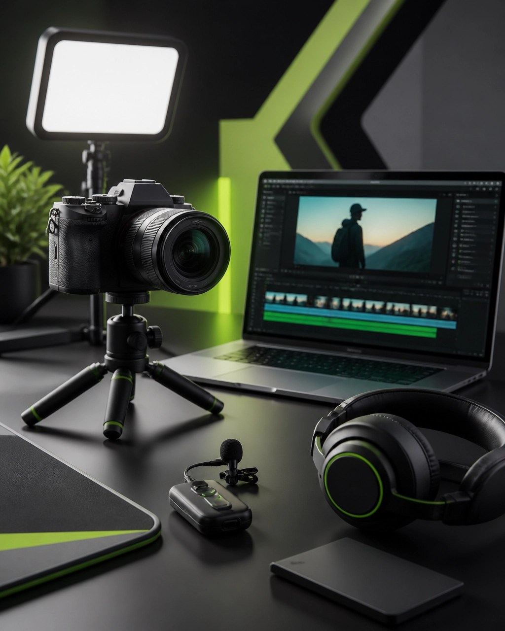 Creator-grade content setup featuring a camera, wireless microphone, LED lighting, headphones, and video editing workstation