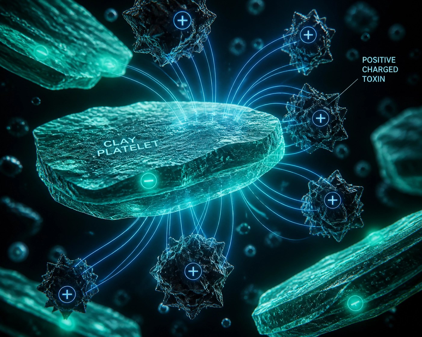 Microscopic view of healing clay particles attracting and binding toxins through a negative electrical charge.