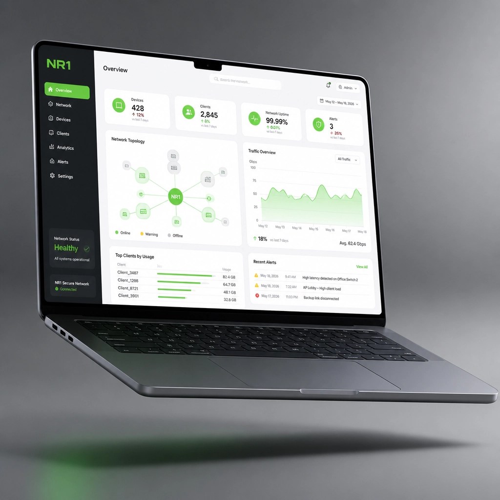 3D illustration of a modern business laptop with a glowing network dashboard