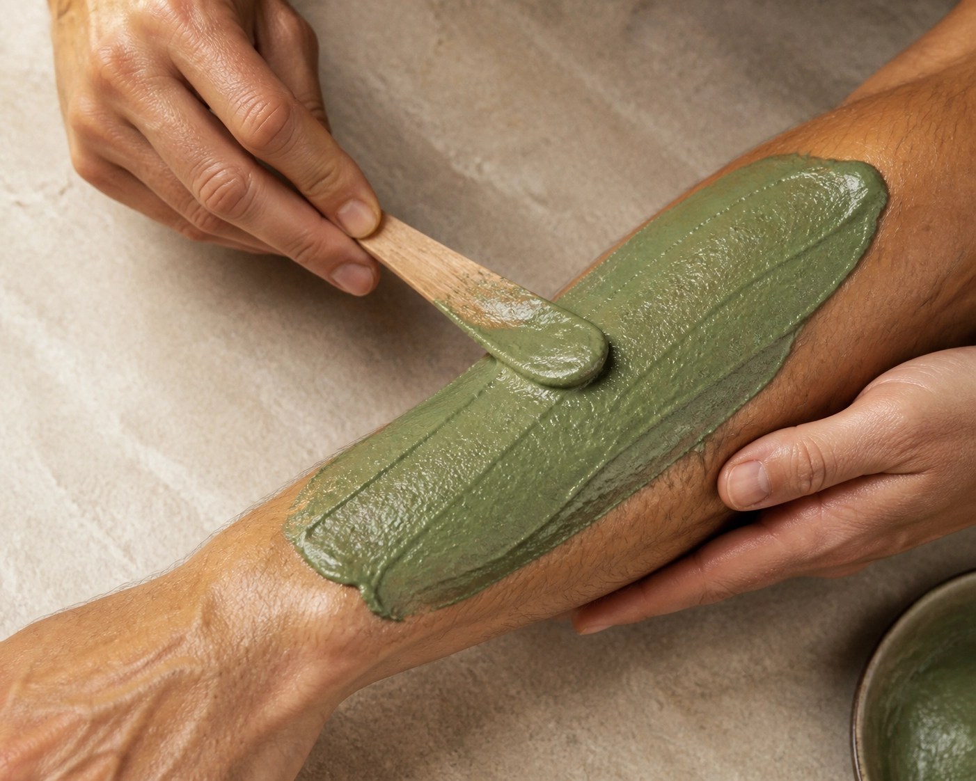 Hands applying a thick layer of healing green clay to a forearm for targeted sports injury recovery.