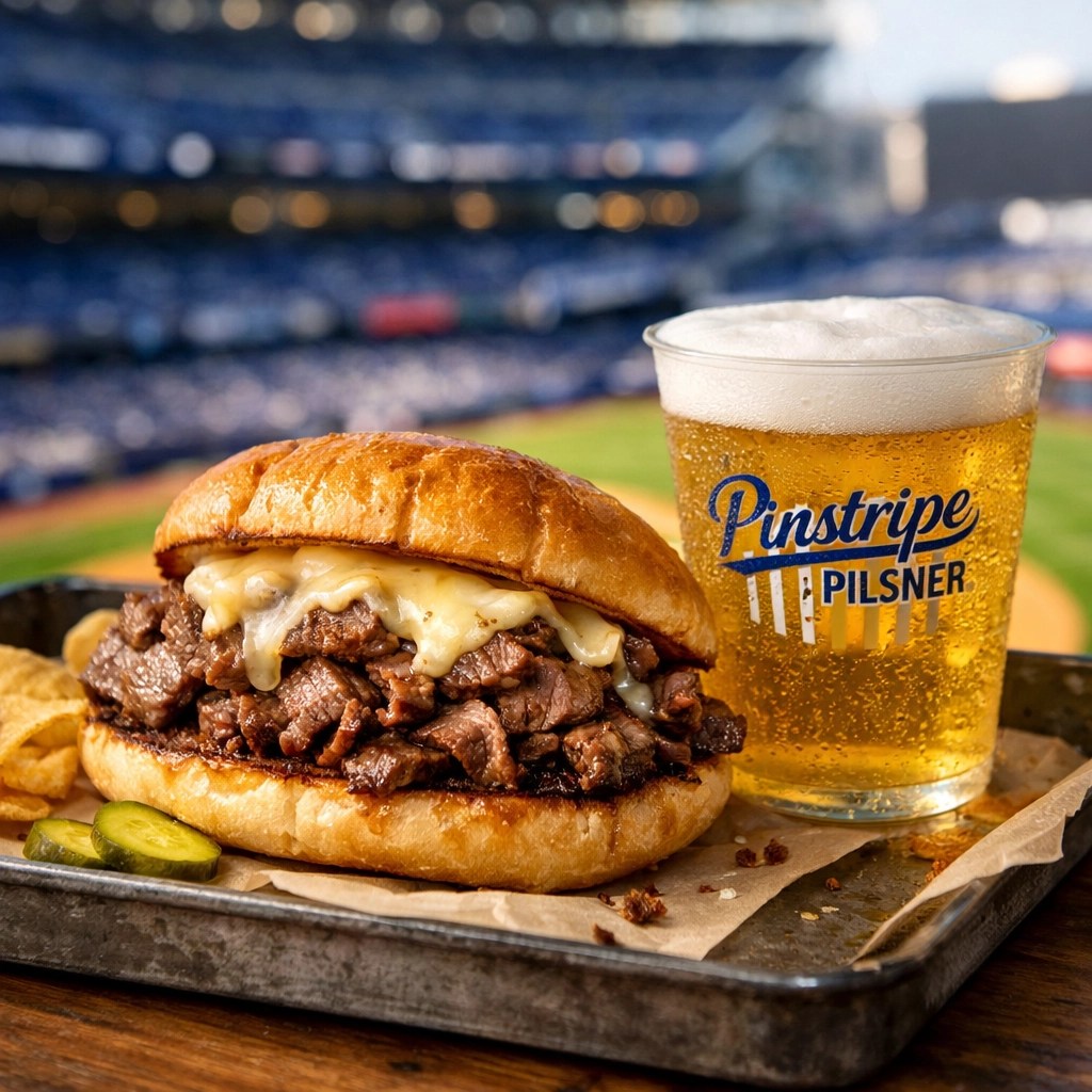 Famous Lobel’s steak sandwich and a cold beer at a Yankee Stadium concession stand in the Bronx.