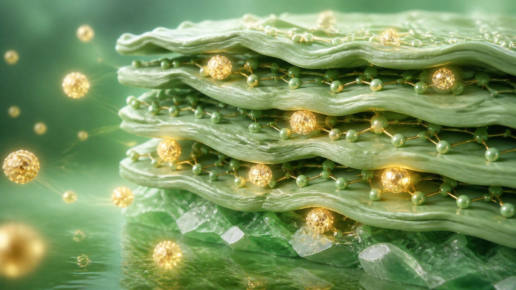 A 3D scientific visualization of clay mineral layers attracting and trapping tiny glowing toxin particles.