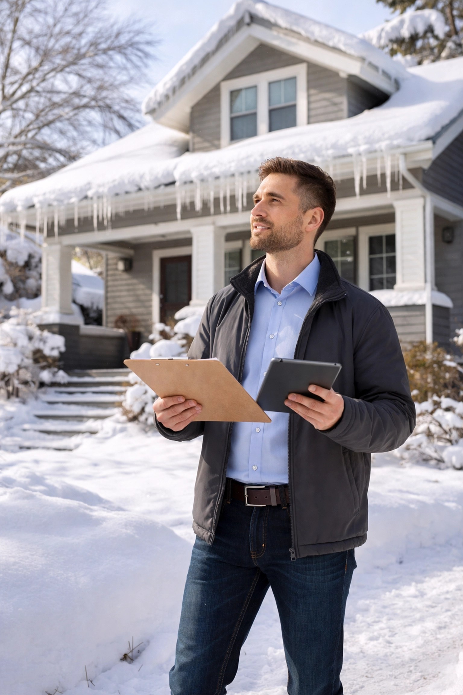 Public adjuster inspecting snow damage on residential home exterior in winter neighborhood