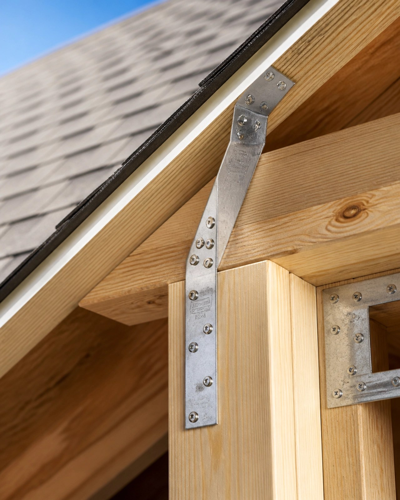 Close-up of professional hurricane straps and roof-to-wall attachments