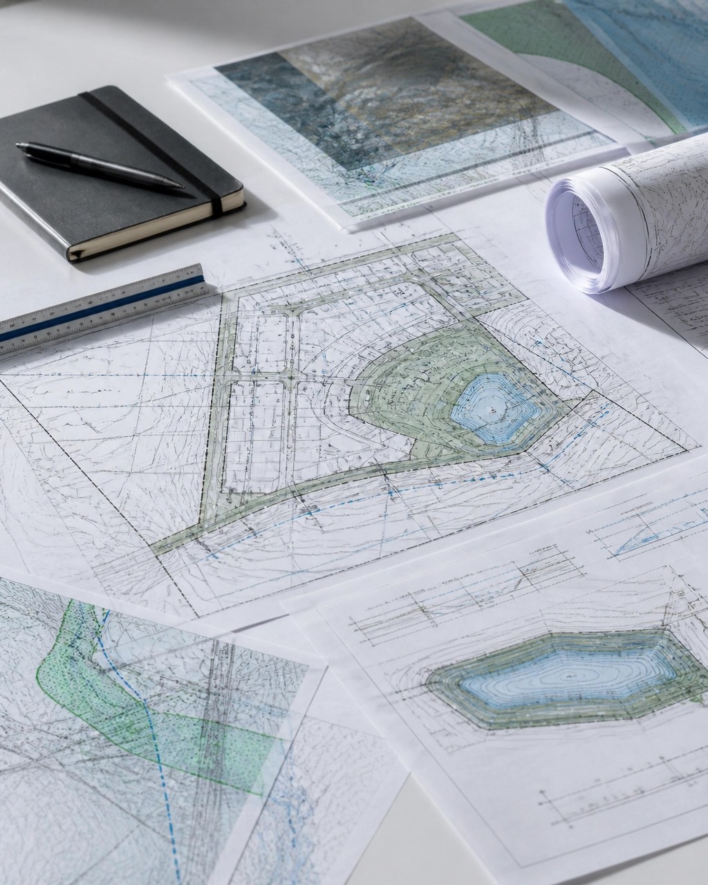 Unlabelled civil permit plan set showing survey layers, wetlands boundaries, flood contours, drainage design, and environmental constraints