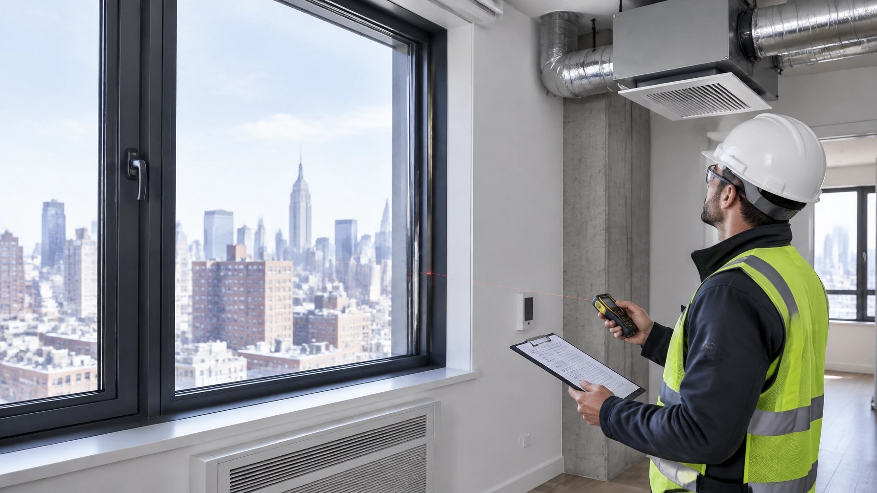 Engineer verifying window, wall, and ventilation installation in a completed urban building
