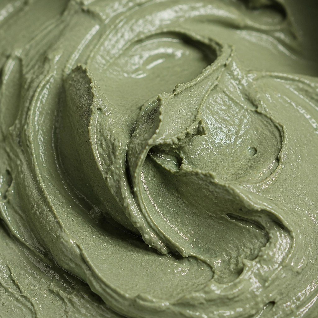 A macro close-up of smooth, wet French green clay showing its rich mineral texture