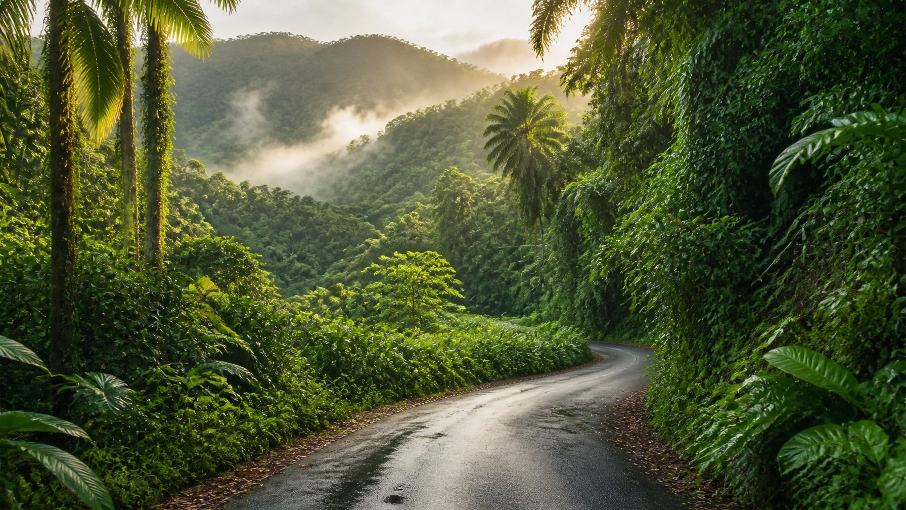 Lush rainforest and misty emerald hills along the scenic route toward Maracas Bay