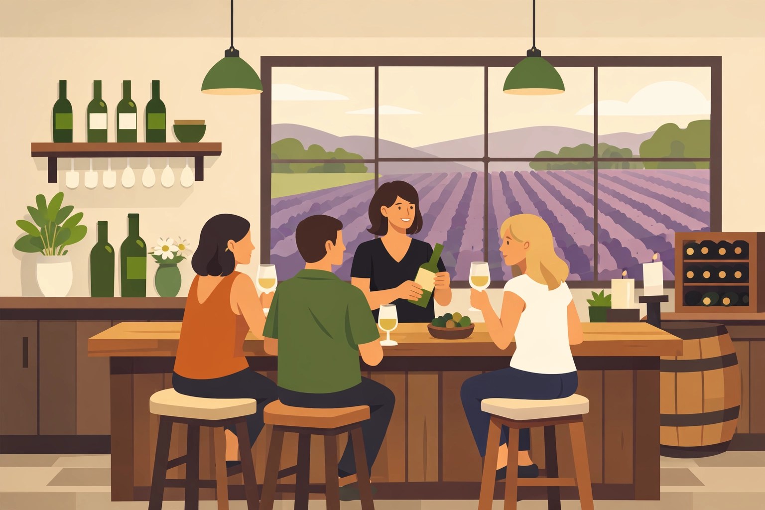 Intimate tasting room at boutique Virginia winery with vineyard views