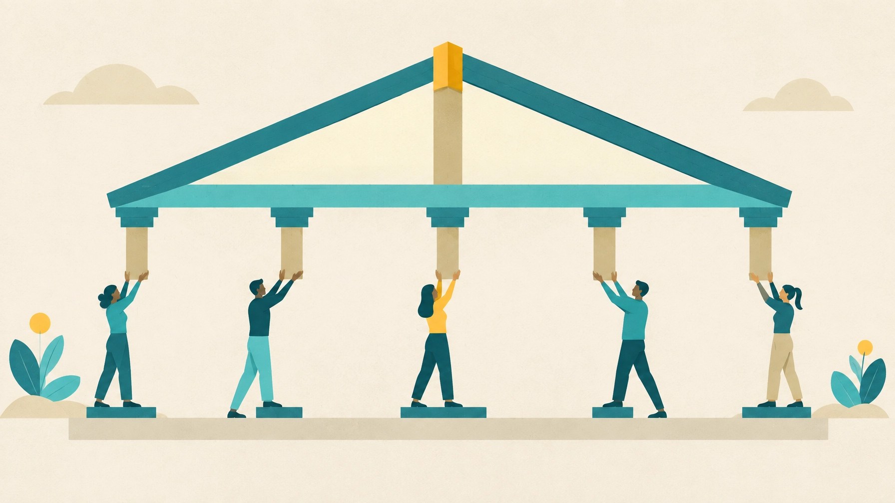 Load-bearing beams distributing pressure evenly across a structure to show operational support shared through systems