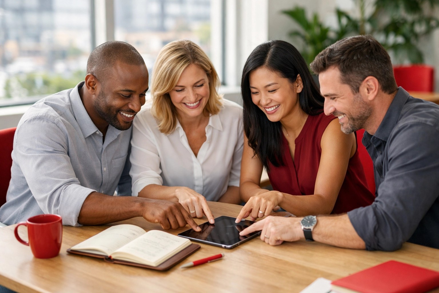 Diverse professional team collaborating on DiSC-informed weekly working agreements in a modern office.
