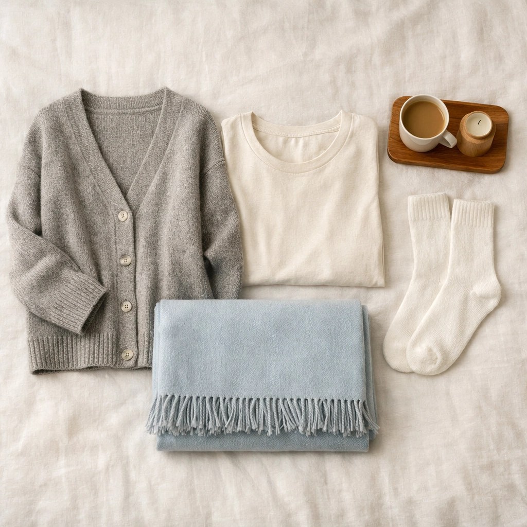 Comfortable clothing and a lap blanket laid out for a patient's medical appointment travel.