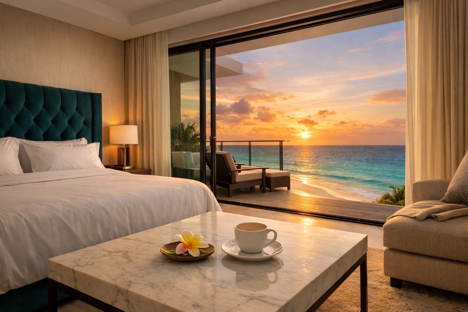 Luxury hotel suite with velvet headboard and floor-to-ceiling ocean views for a stress-free vacation.