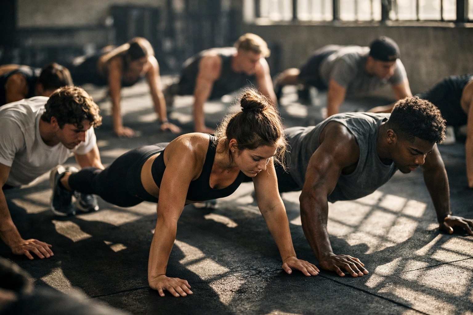 Diverse group of young athletes performing bodyweight exercises together in modern training facility