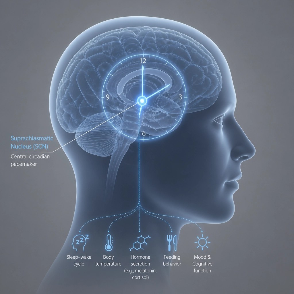 A minimalistic, clinical illustration of the human brain highlighting the Suprachiasmatic Nucleus (SCN) and its role in circadian rhythm synchronization.