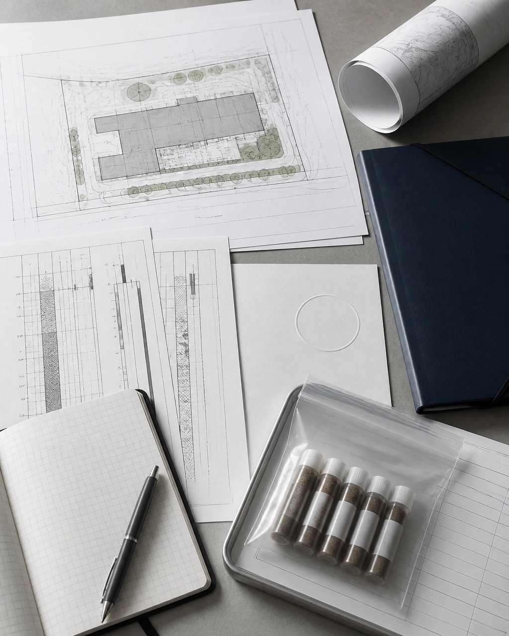 Technical flat-lay of environmental closeout documentation, site plans, sample vials, and an approval stamp