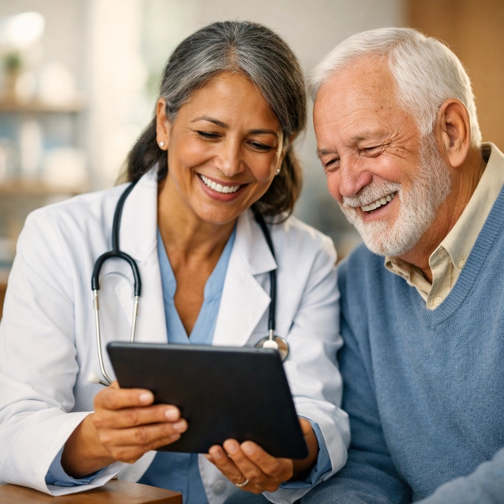 Doctor and senior patient reviewing 2026 Medicare Advantage plan provider networks on a tablet.