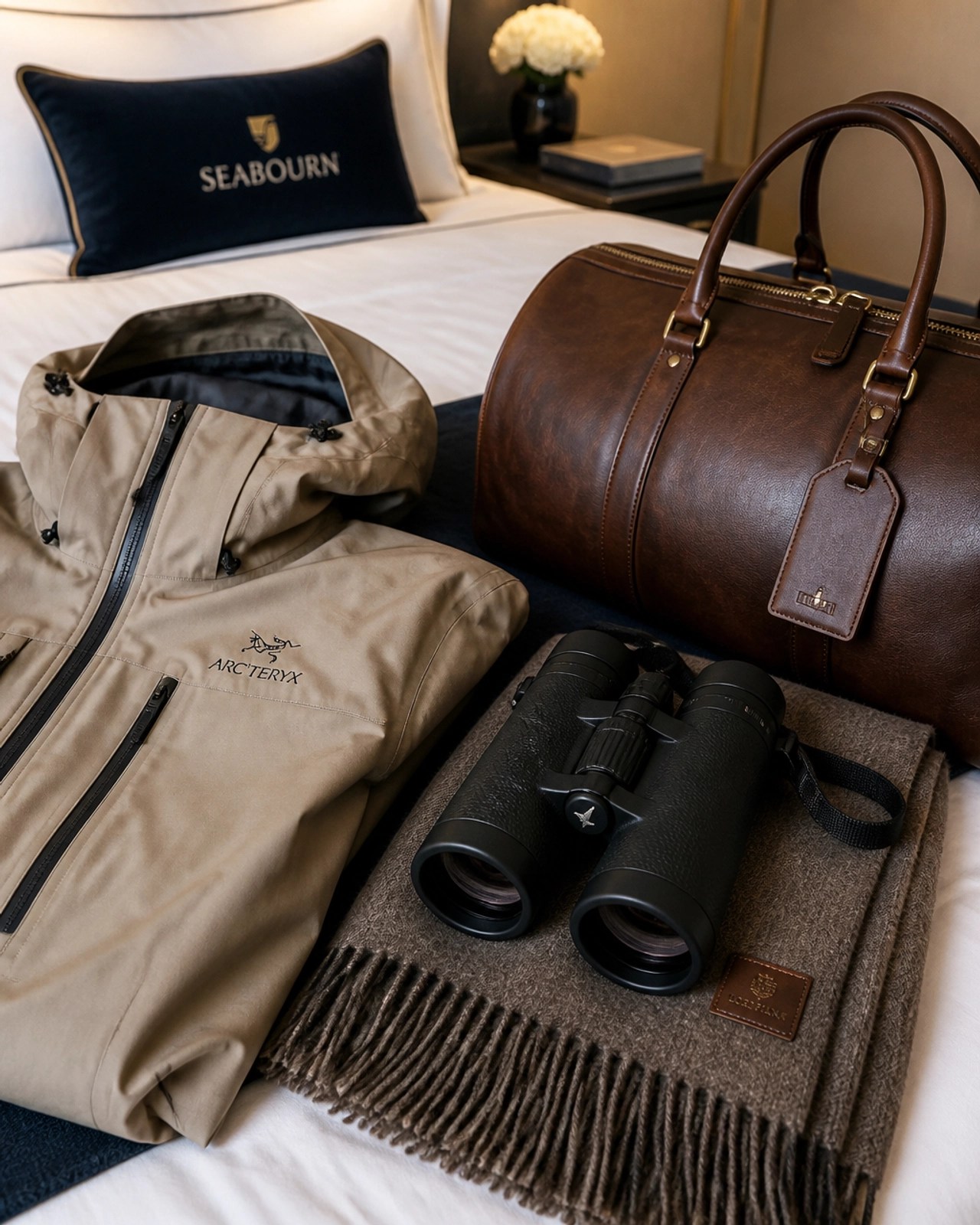 Close-up detail of a luxury traveler's preparation for an Alaska cruise with layers and binoculars.
