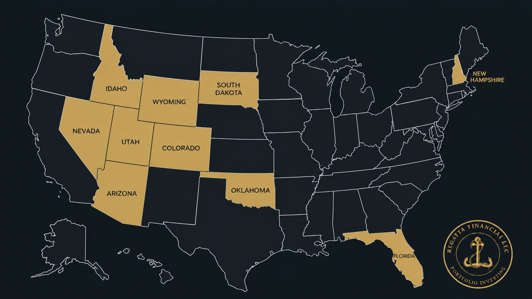 Map of the United States with 10 Goldback states highlighted in soft gold.