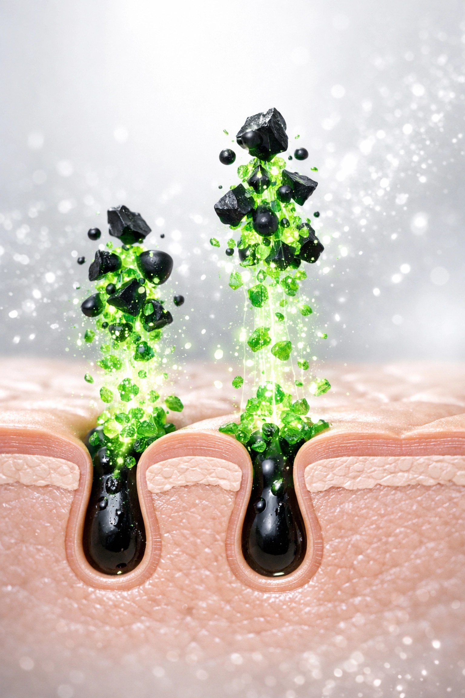 Green clay minerals drawing toxins from skin pores, demonstrating the power of professional estheticians green clay.