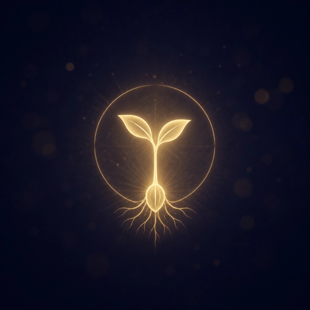 A golden seedling glowing, representing the small, quiet growth of identity returning to the soul.