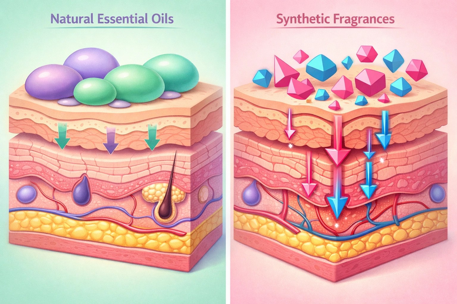 Skin absorption diagram showing natural essential oils versus synthetic fragrance molecules
