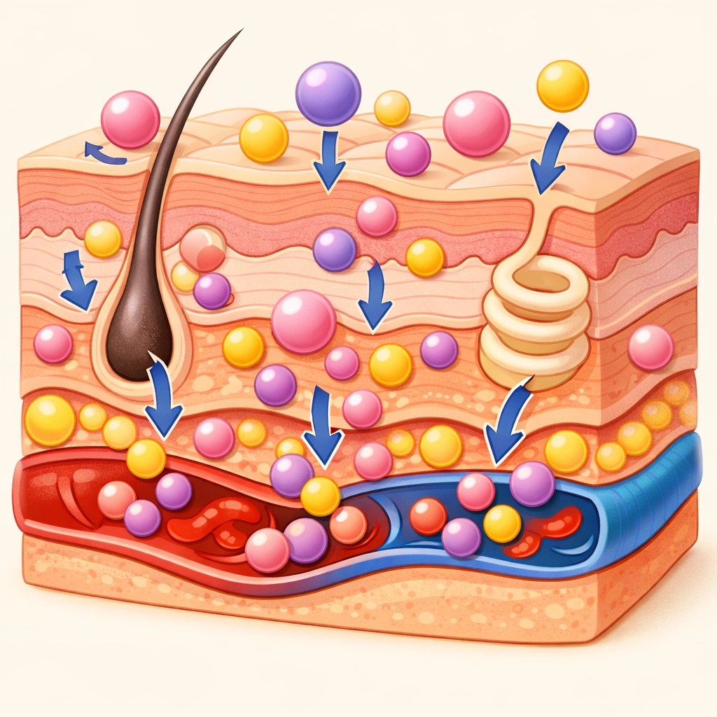 A bright, educational illustration showing a cross-section of underarm skin with absorption pathways, depicted in a cartoon-but-almost-realistic style. Show colorful chemical molecules (represented as geometric spheres in pastel colors - pink, purple, yellow) being absorbed through skin layers into tiny blood vessels below. Use soft gradients and clean lines, with the skin rendered in peachy tones and the background in light cream. The illustration should feel scientific yet approachable, with rounded elements and subtle drop shadows to create depth.