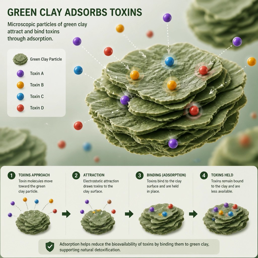 Illustration of clay particles binding toxins through adsorption