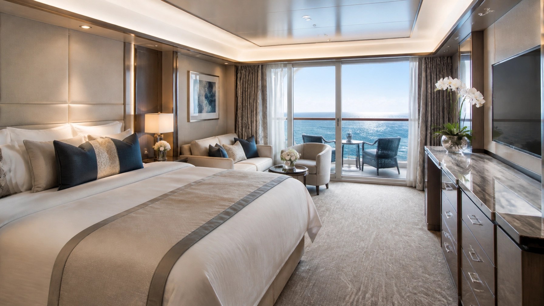 Elegant cruise ship balcony suite cabin with private ocean-view balcony