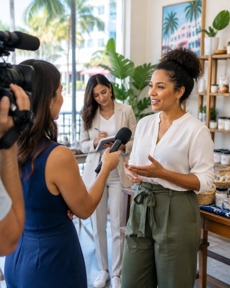 A local business owner speaking with a television journalist while a PR consultant observes