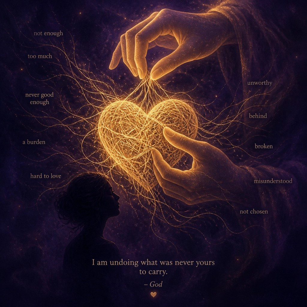 A close-up of a heart made of golden light threads being gently untangled by ethereal hands against a dark moody background, illustrating the poetic process of God undoing old labels and heavy thoughts.
