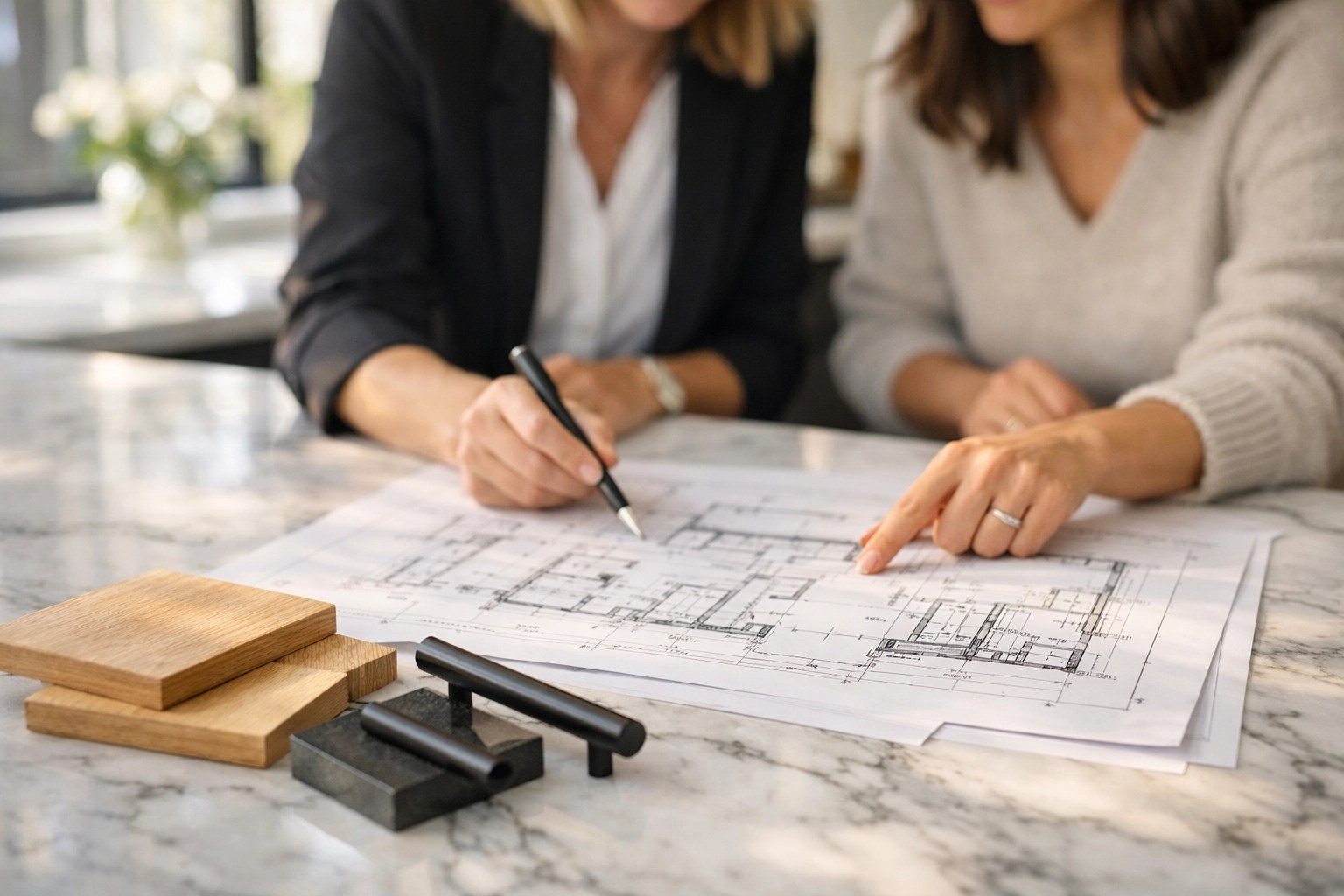 Planification d'une rénovation de cuisine à Trois-Rivières avec un designer et des échantillons.