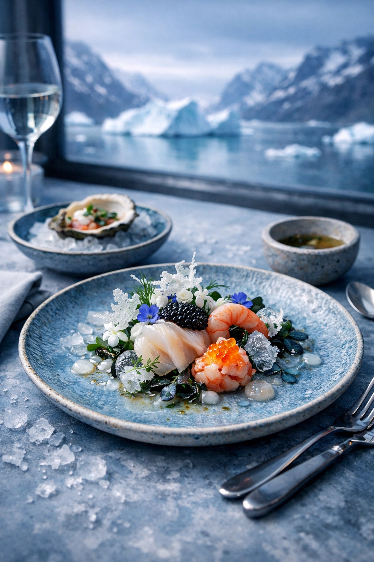Arctic-inspired Michelin-starred tasting menu dish with seafood and Nordic garnishes overlooking Greenland fjords