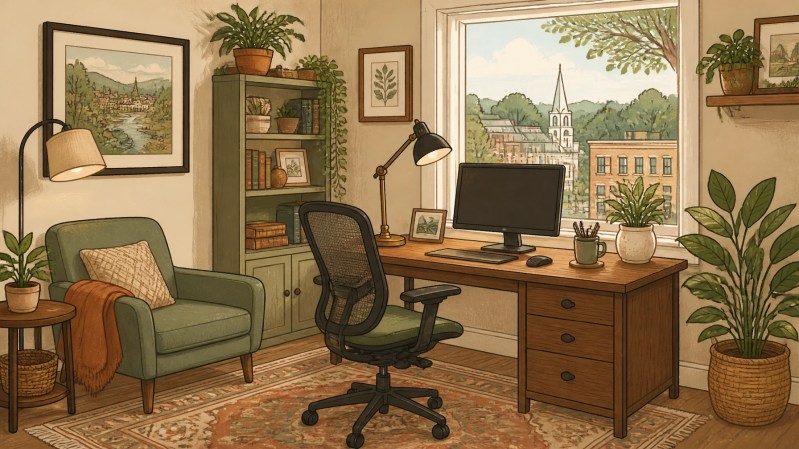 Hand-drawn illustration of a cozy private office with a desk, chair, and warm touches