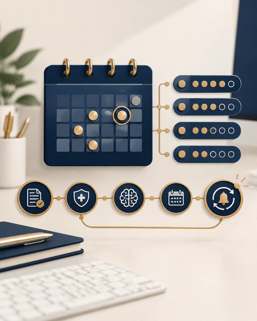 Abstract authorization tracker with a calendar, session counters, connected timeline nodes, and a renewal reminder