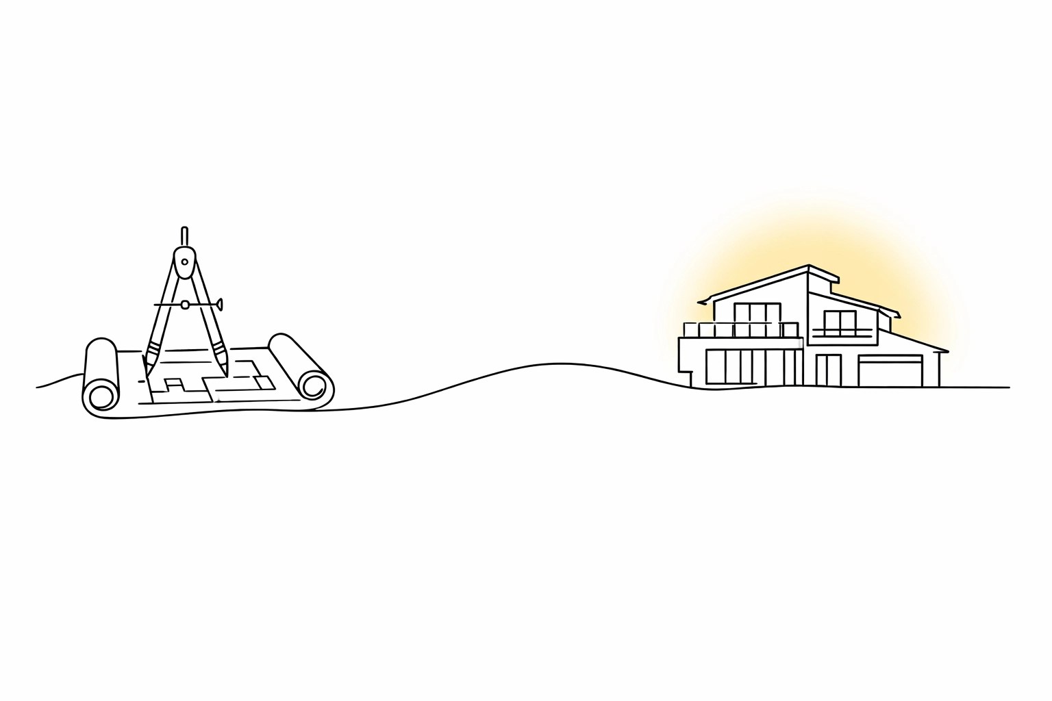 Illustration showing the start-to-finish construction process from blueprint to a completed custom home.