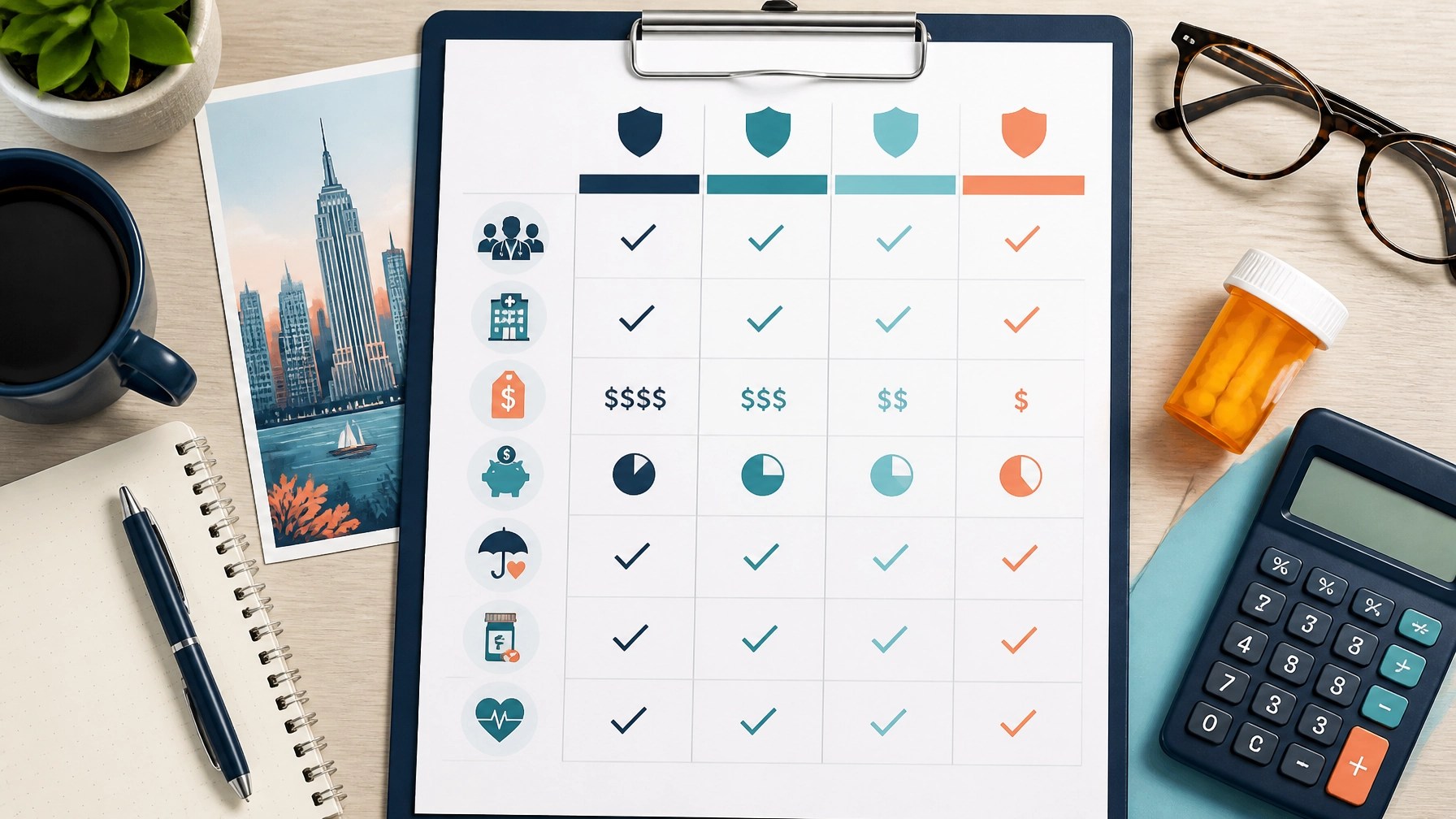 Health insurance comparison checklist with medical, prescription, budget, and plan-cost symbols