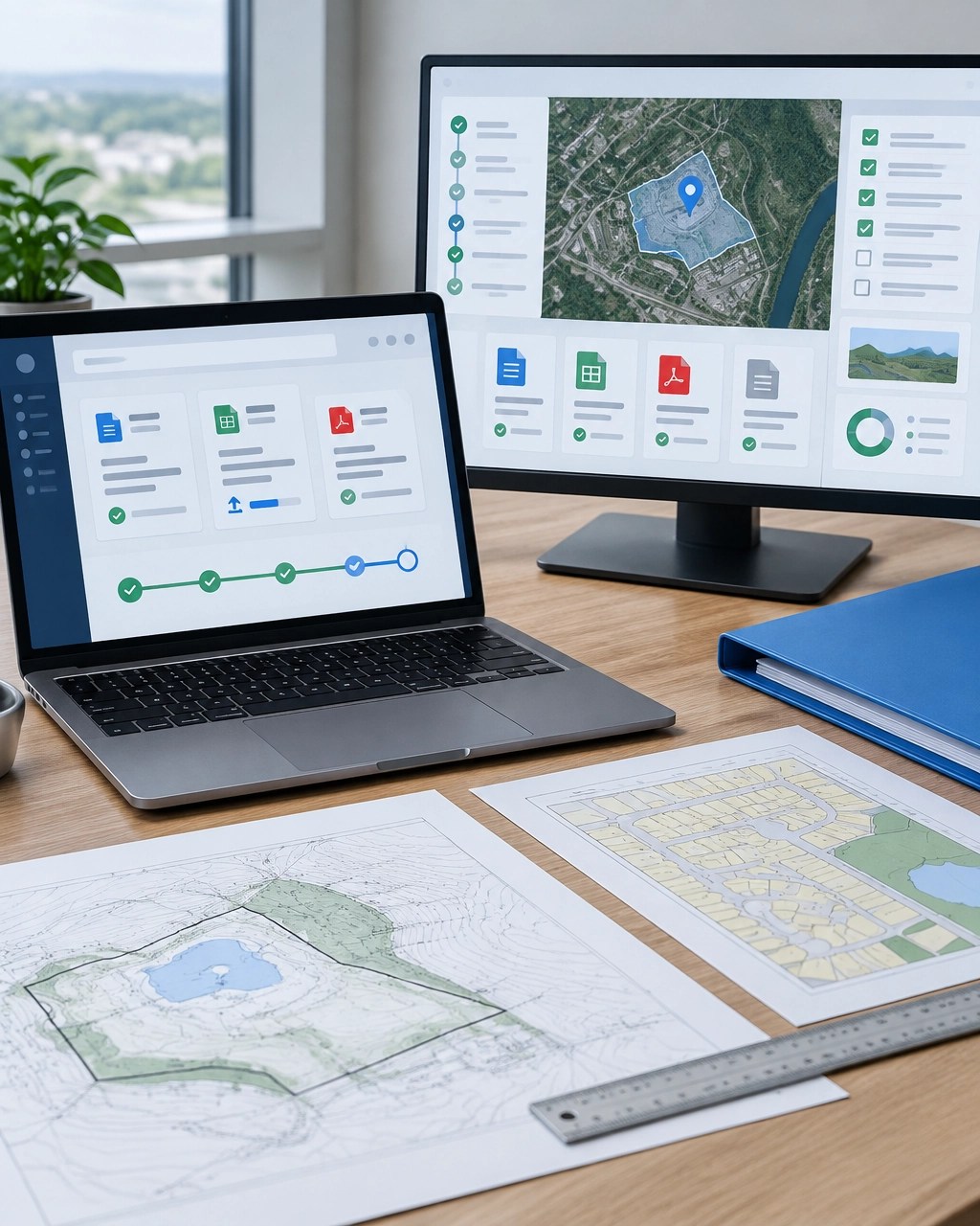 Abstract EPIC-style environmental document portal with organized uploads, tax lot map, and technical plans