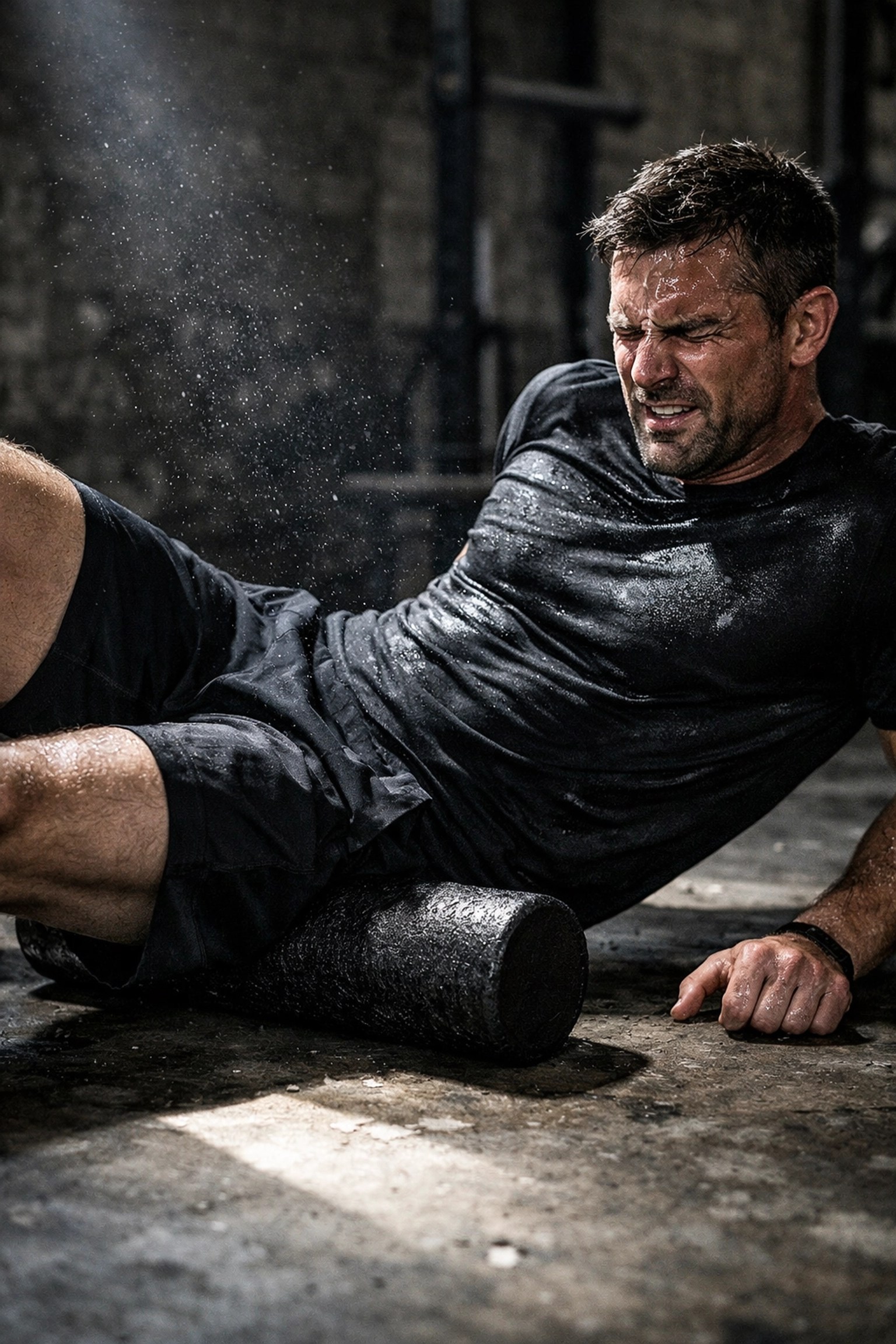 Athlete using a black foam roller for back day recovery and muscle tension release in a gym.