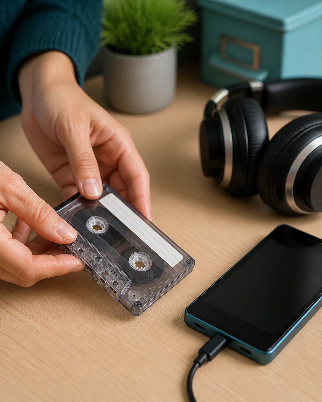 Vintage audio cassette beside modern digital listening equipment