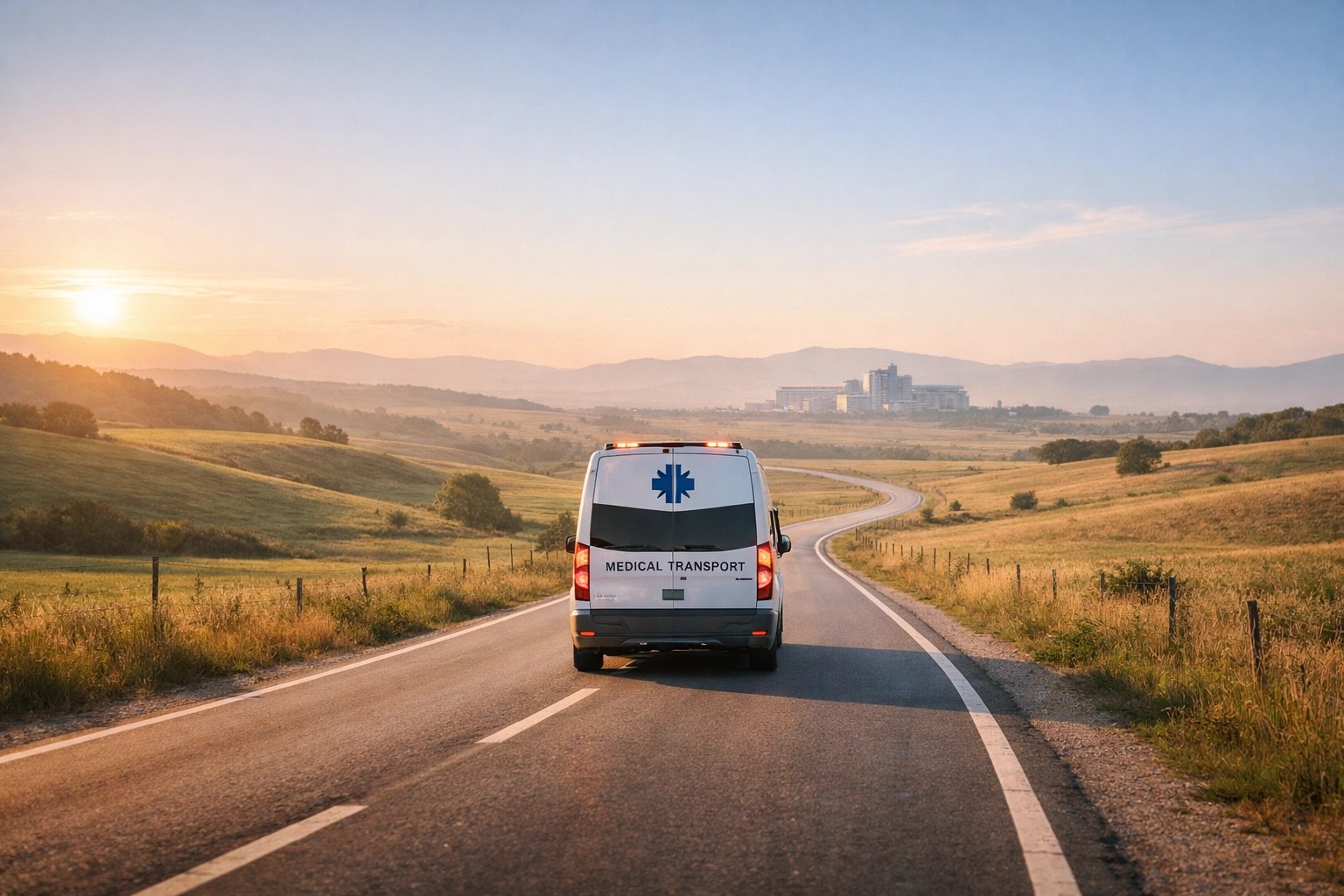 Specialized NEMT vehicle driving on a rural road to ensure healthcare access for patients.