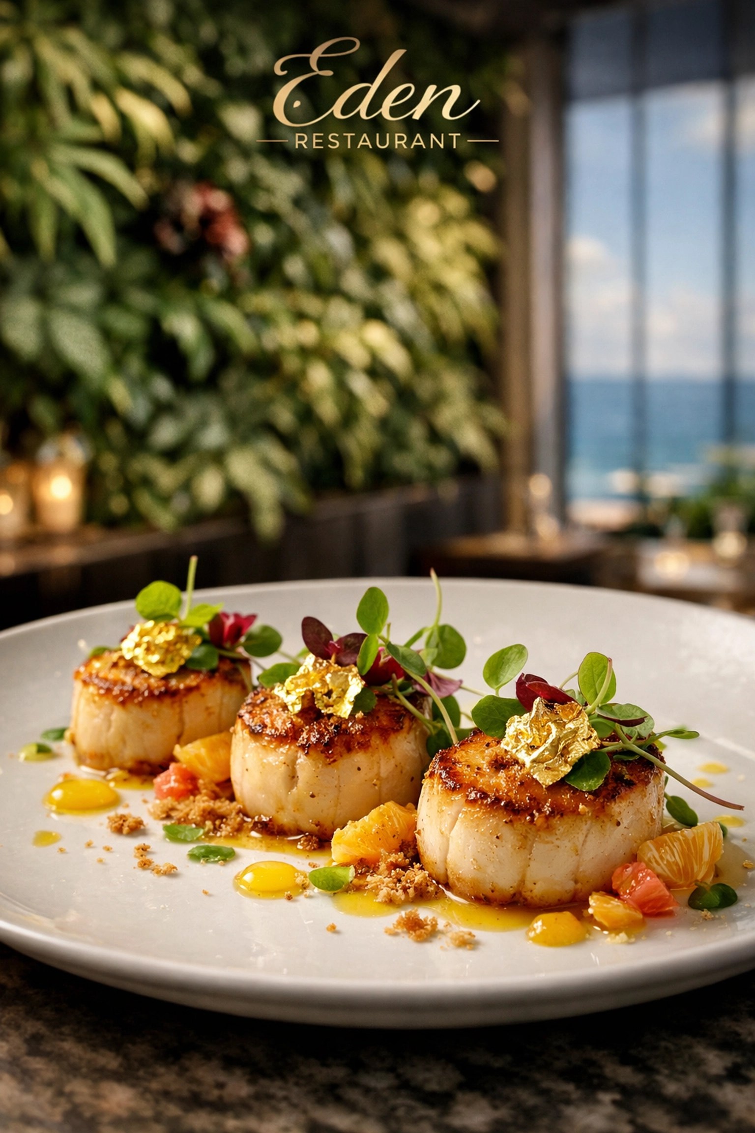 Gourmet seared scallops served at the lush, botanical-themed Eden Restaurant on a Celebrity cruise ship.