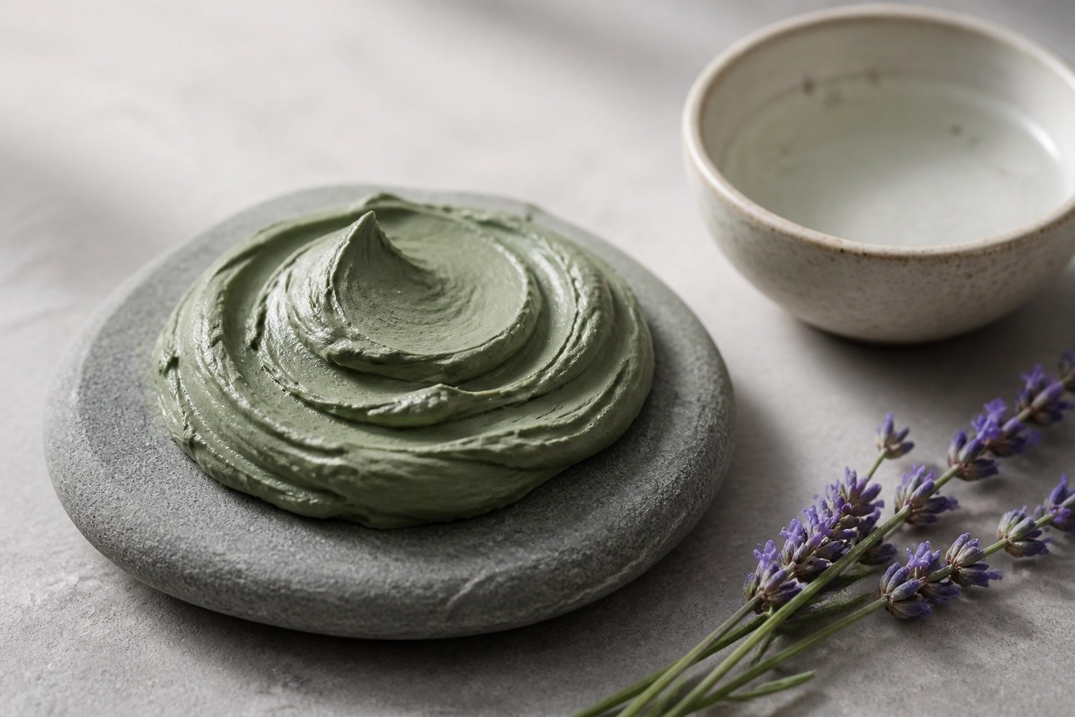 Pure French green clay swirl on stone, showcasing the rich texture used for deep tissue detox.