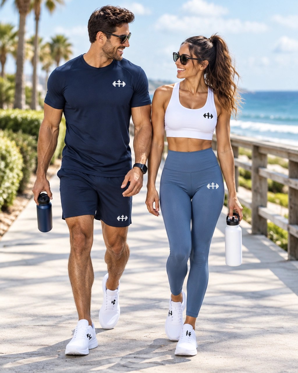 Christian couple walking together beside the ocean in coordinated premium faith-based activewear