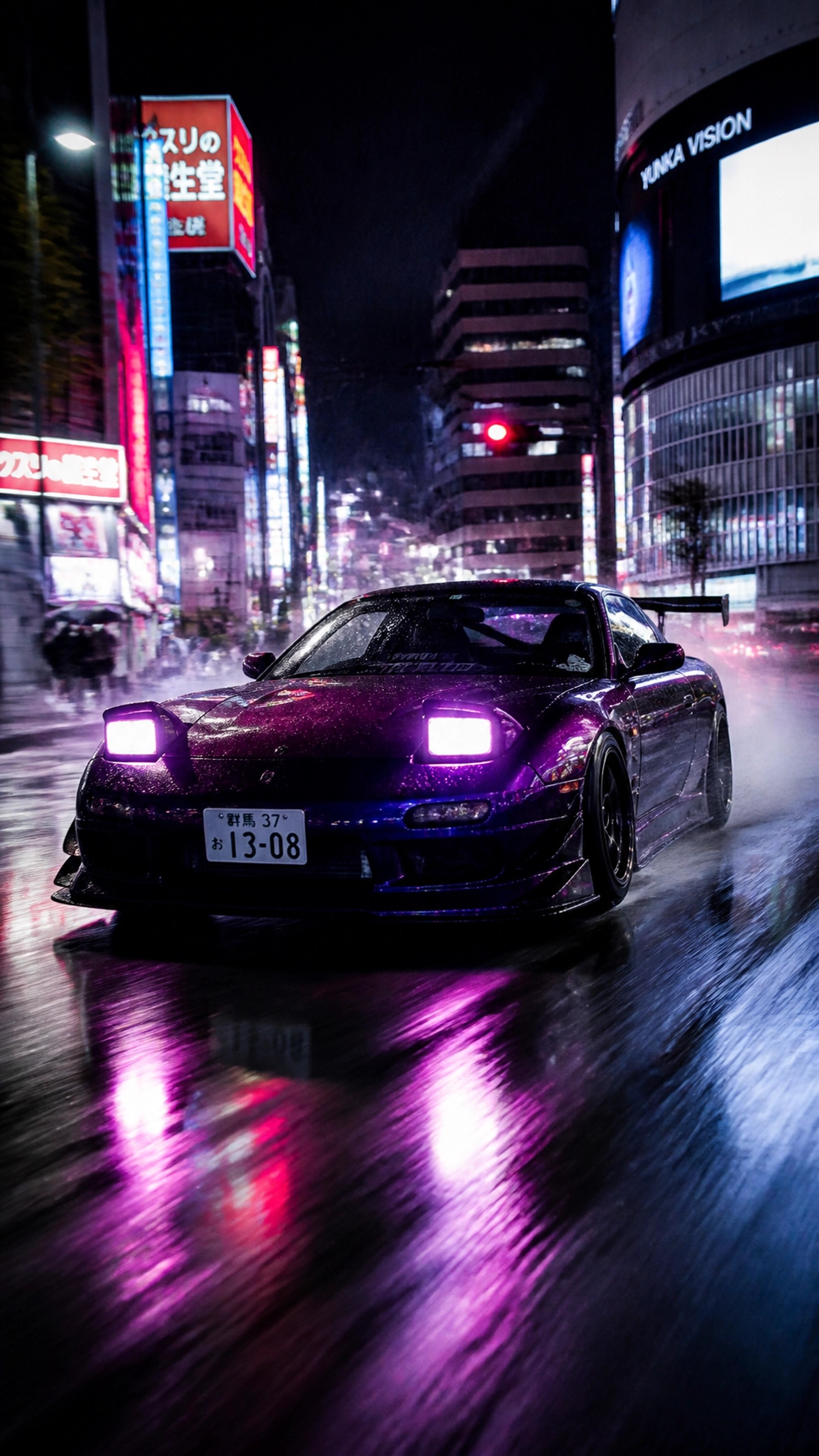 A cinematic vertical shot of an RX-7 with AI-generated neon drift trails